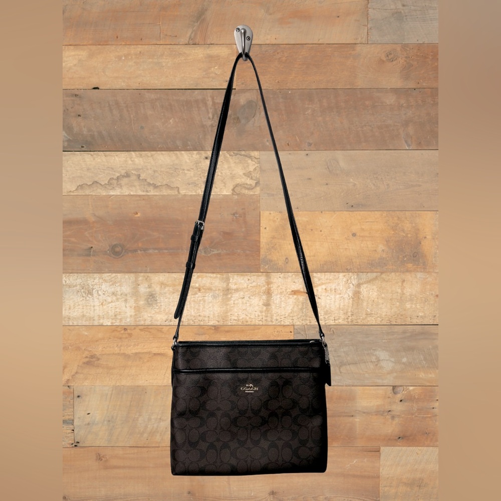 Coach Leather Signature Monogram File Crossbody Bag Purse Brown Black